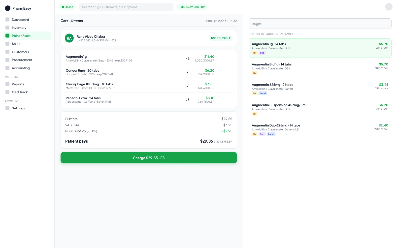 PharmEasy POS terminal: cart on the left with line items in dual currency, product search on the right, totals at the bottom in USD and LBP.