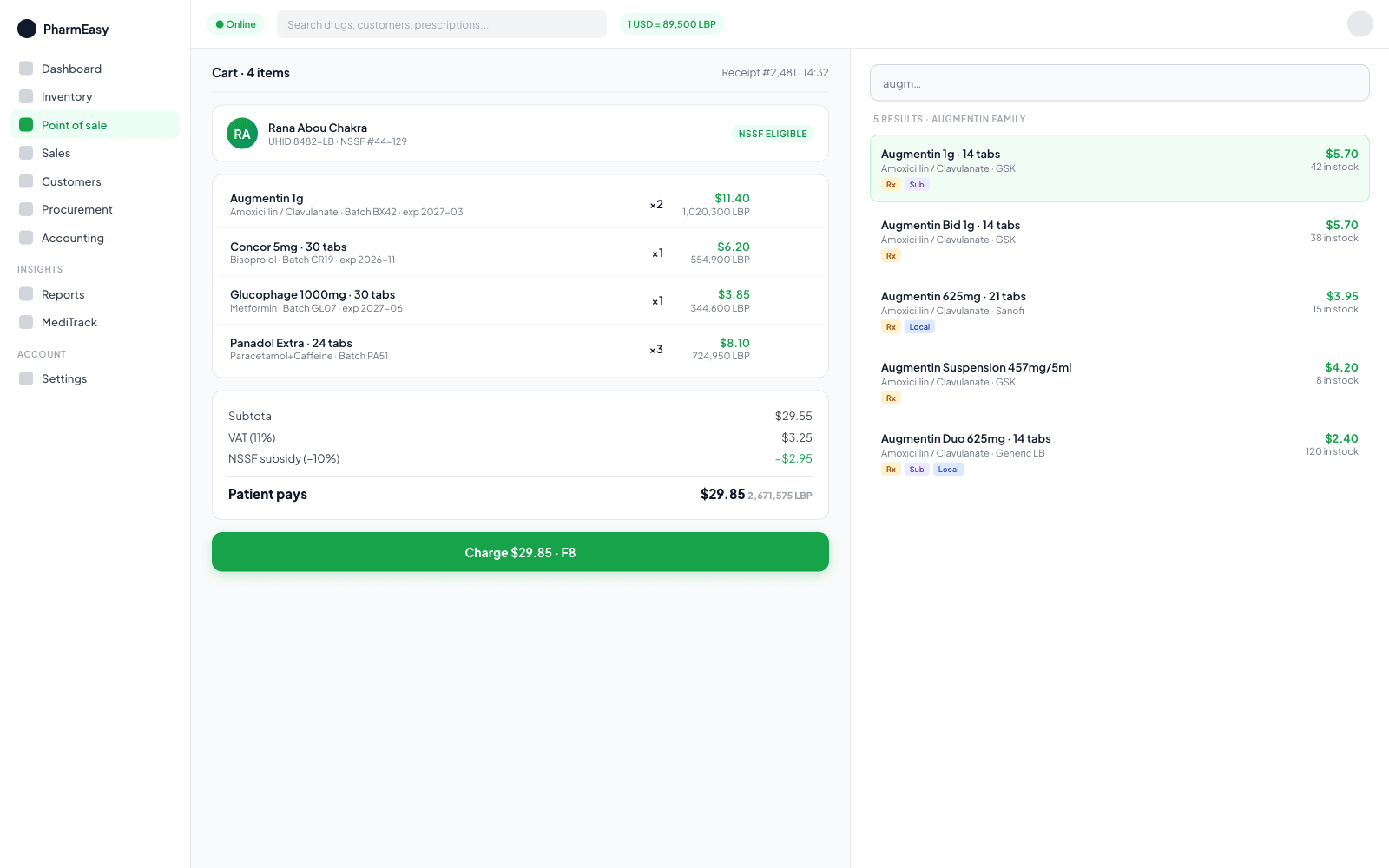 PharmEasy point-of-sale terminal showing the cart, product search, and dual-currency totals in LBP and USD.